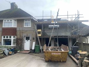 On site front elevation cavity wall at first floor level photo of Swell Architecture project for a two storey side extension in Seaton Devon.jpg