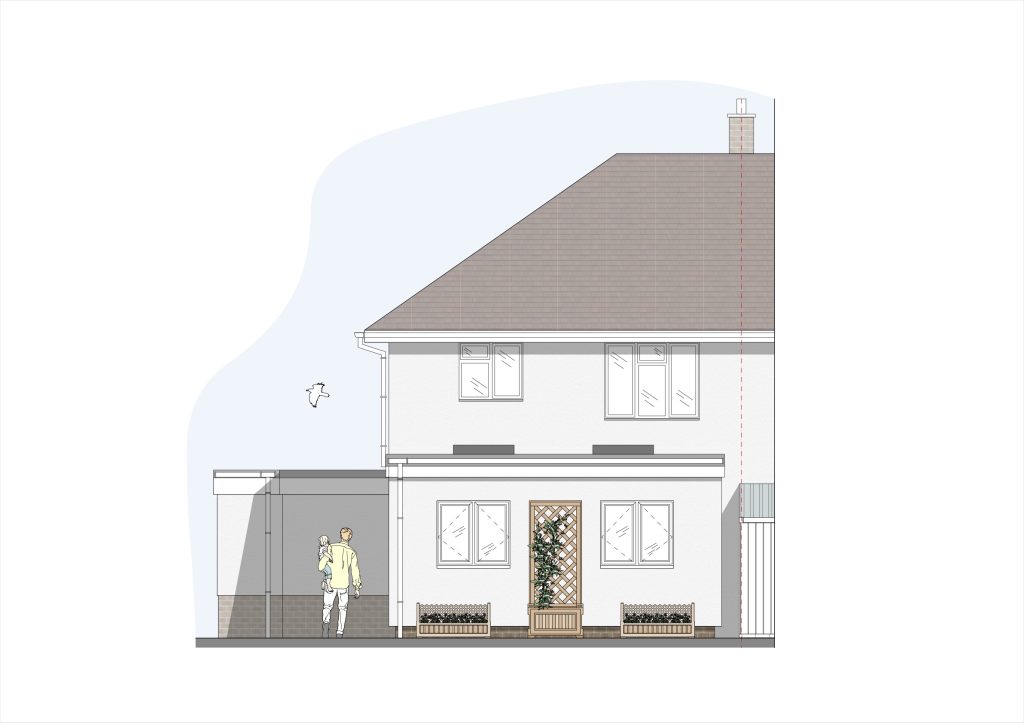 Swell Architecture drawing of rear elevation of a single storey rear extension and garage extension in Sidmouth Devon.pdf